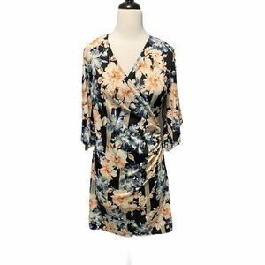 JBS Floral Faux Wrap Dress V-Neck Long Sleeve Knee Length‎ Black Pink Blue 10